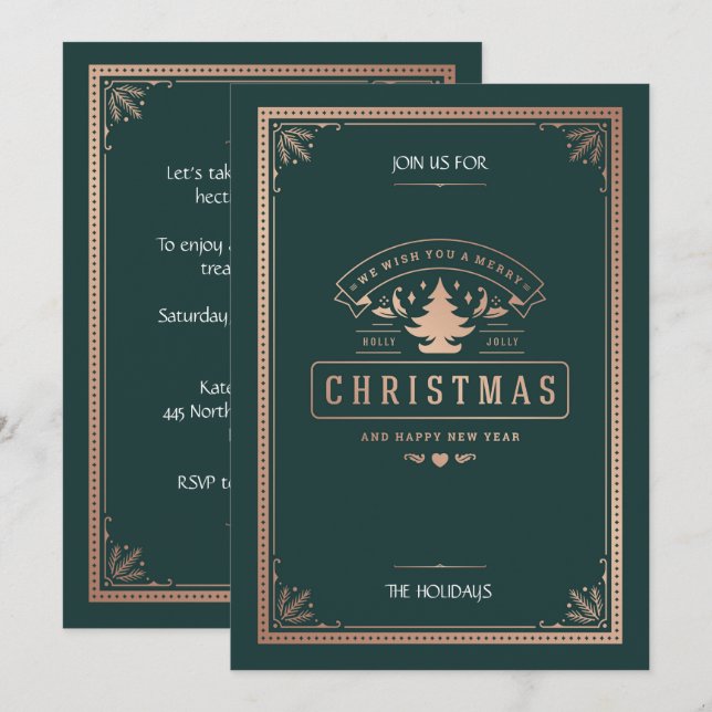 Elegant Vintage Style Hunter Green Christmas Party Invitation (Front/Back)