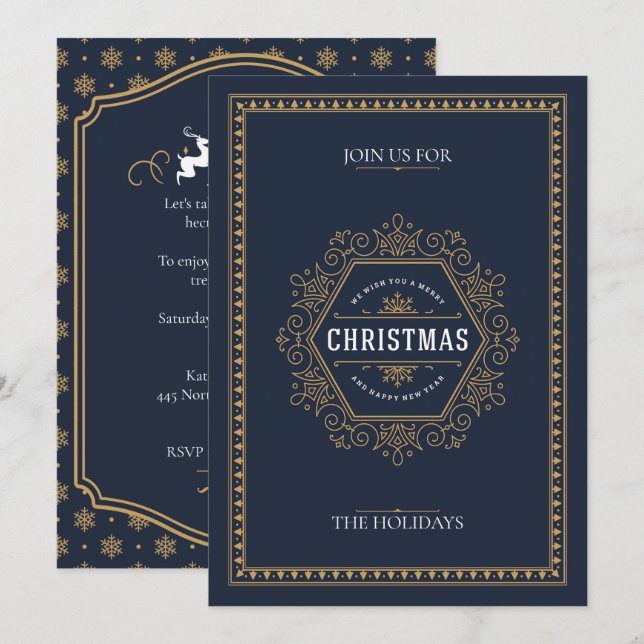 Elegant Vintage Style Navy Blue Christmas Party Invitation (Front/Back)
