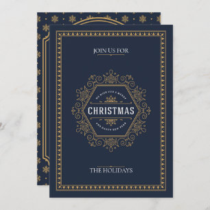 Elegant Vintage Style Navy Blue Christmas Party Invitation
