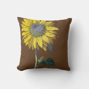 Elegant Vintage Sunflower Reversible Solid Brown Throw Pillow