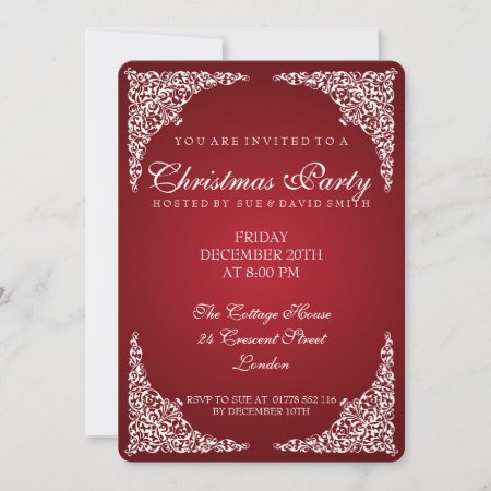 Elegant Vintage Swirls Christmas Party Red Invitation