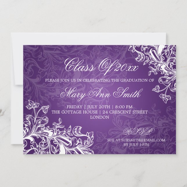 Elegant Vintage Swirls Graduation Party Purple Invitation (Front)