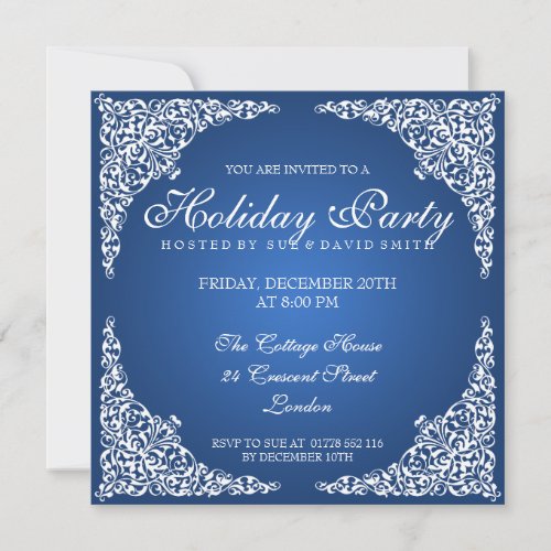 Elegant Vintage Swirls Holiday Party Blue Invitation