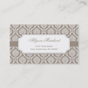Elegant Vintage Taupe and White Damask on Pearl Business Card