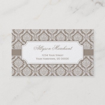 Elegant Vintage Taupe And White Damask On Pearl Business Card by DazzetteMarie at Zazzle