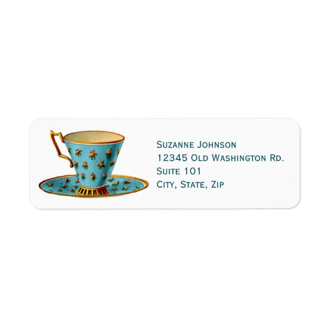 Elegant Vintage Tea Coffee Cup Rose Flowers Label (Front)