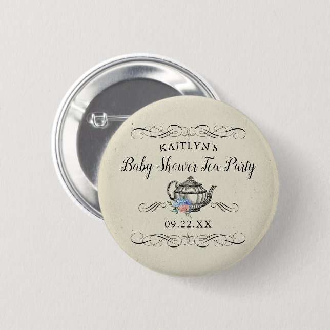 Elegant Vintage Tea Party | Baby Shower Button (Front & Back)