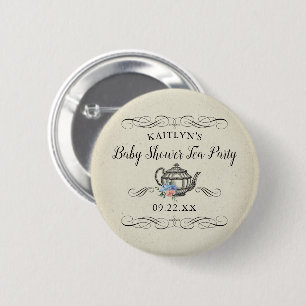 Elegant Vintage Tea Party Baby Shower Button