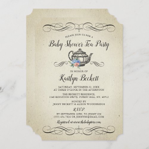Elegant Vintage Tea Party  Baby Shower Invitation