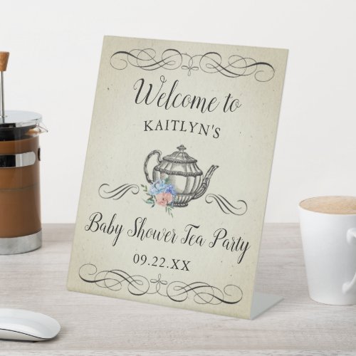 Elegant Vintage Tea Party  Baby Shower Welcome Pedestal Sign