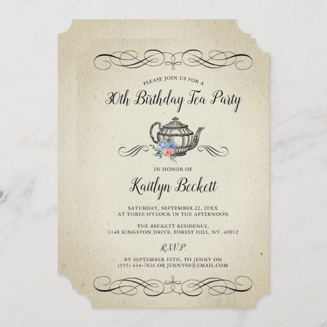 Elegant Vintage Tea Party | Birthday Party Invitation (Front/Back)