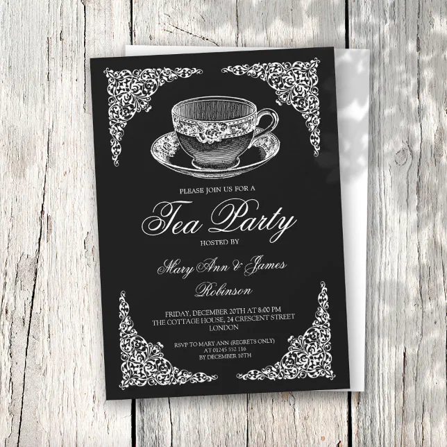 Elegant Vintage Tea Party Black Invitation | Zazzle