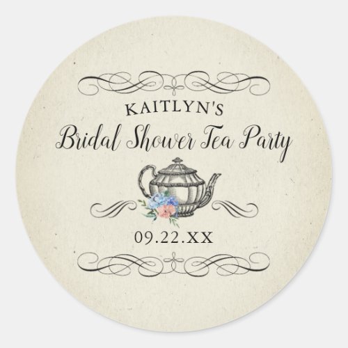 Elegant Vintage Tea Party  Bridal Shower Classic Round Sticker