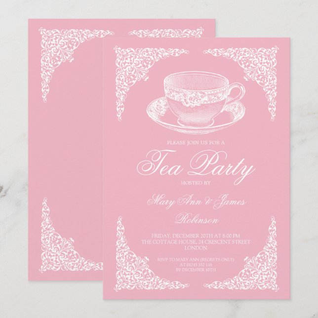 Elegant Vintage Tea Party Rose Blush Pink Invitation (Front/Back)