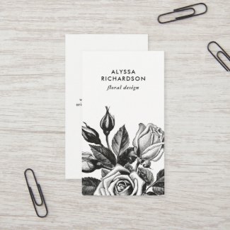 Elegant Vintage Tea Roses | Black and White Business Card