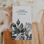 Elegant Vintage Tea Roses | Black and White Business Card<br><div class="desc">These trendy and stylish business cards feature a vintage black illustration of a Victorian tea rose,  and your name and other information in matching text.</div>