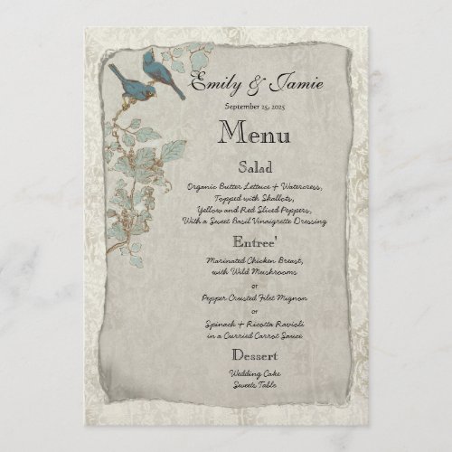 Elegant Vintage Teal Birds Damask Wedding Menu