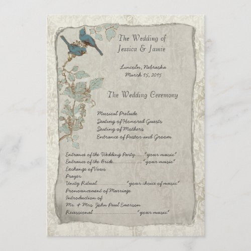 Elegant Vintage Teal Birds Damask Wedding Program