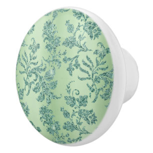 Elegant Vintage Teal Glitter Floral Pattern Ceramic Knob