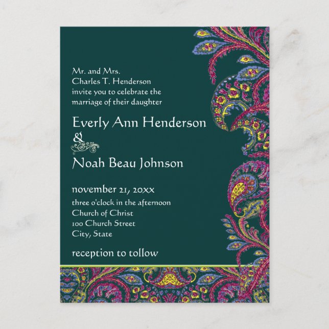 Elegant Vintage Teal Paisley Wedding Invitation (Front)