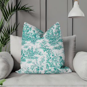 Elegant vintage teal turquoise toile de jouy throw pillow