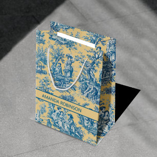 Elegant vintage teal yellow toile de jouy medium gift bag