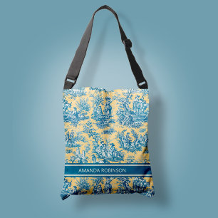Elegant vintage teal yellow toile de jouy printed crossbody bag