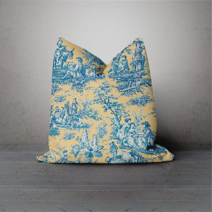 Elegant vintage teal yellow toile de jouy throw pillow