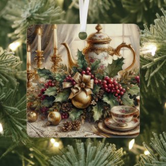 Elegant Vintage Teapot and Christmas Floral  