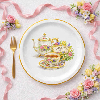 Elegant Vintage Teapot Teacup Mother's Day  Paper Plates