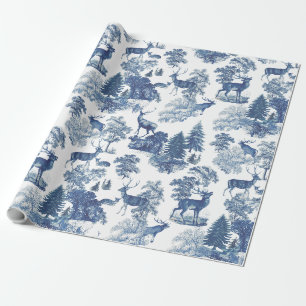 Elegant Vintage Toile Blue Deer in Woodland Wrapping Paper