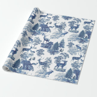 Elegant Vintage Toile Blue Deer in Woodland Wrapping Paper