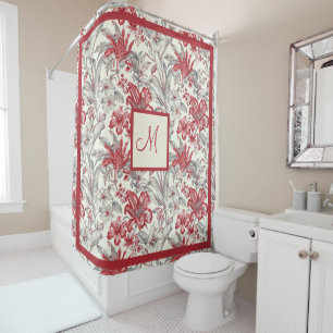 Elegant Vintage Toile de Jouy Grey and Deep Red Shower Curtain