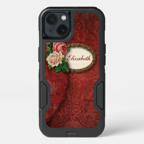 Elegant Vintage Torn Red Damask and Roses iPhone 13 Case