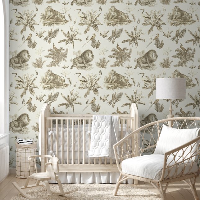 Elegant Vintage Tropical Animal Beige Toile Wallpaper (Kids)