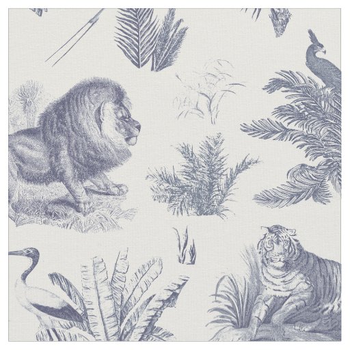 Elegant Vintage Tropical Animal Blue Toile Pattern Fabric
