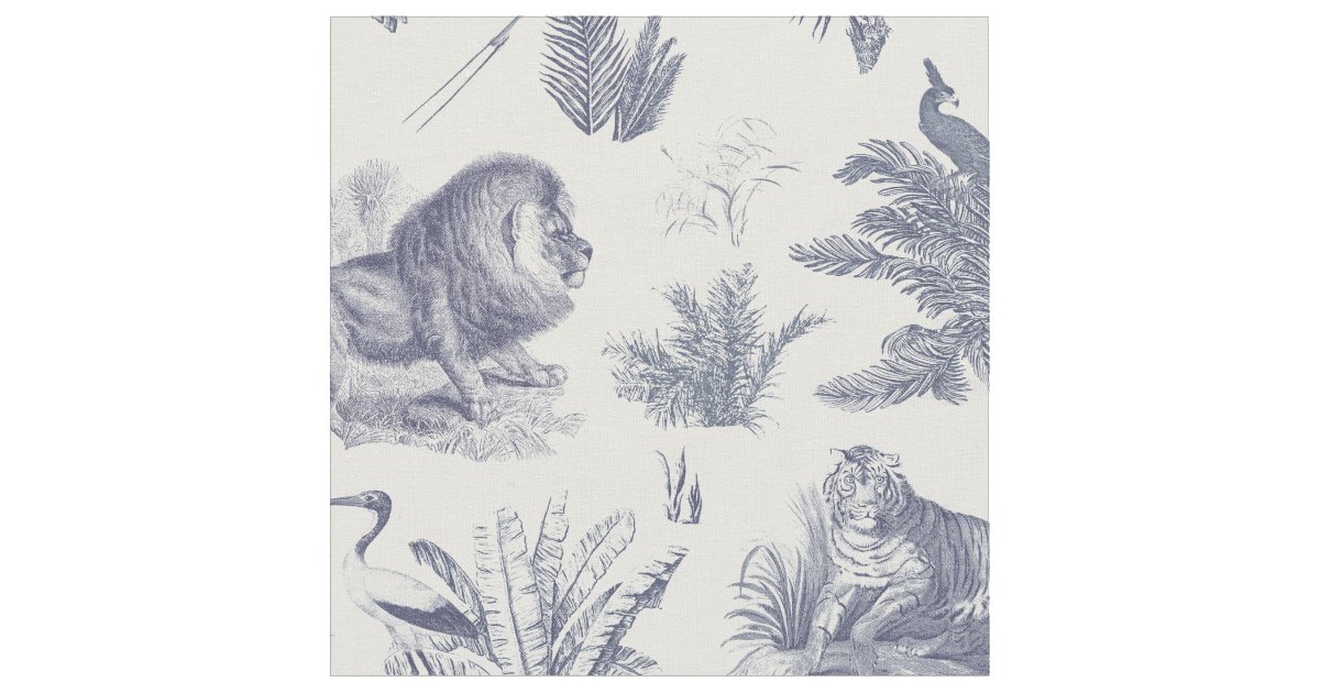 Elegant Vintage Tropical Animal Blue Toile Pattern Fabric | Zazzle