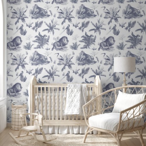 Elegant Vintage Tropical Animal Blue Toile Wallpaper