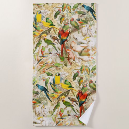 Elegant Vintage Tropical Birds Parrots Beach Towel