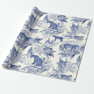 Elegant Vintage Tropical Tiger Blue Toile Pattern Wrapping Paper
