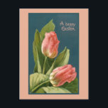 Elegant Vintage Tulips and Easter Greeting Postcard<br><div class="desc">Elegant and understated salmon-colored tulips,  dark teal background and happy Easter greeting.</div>