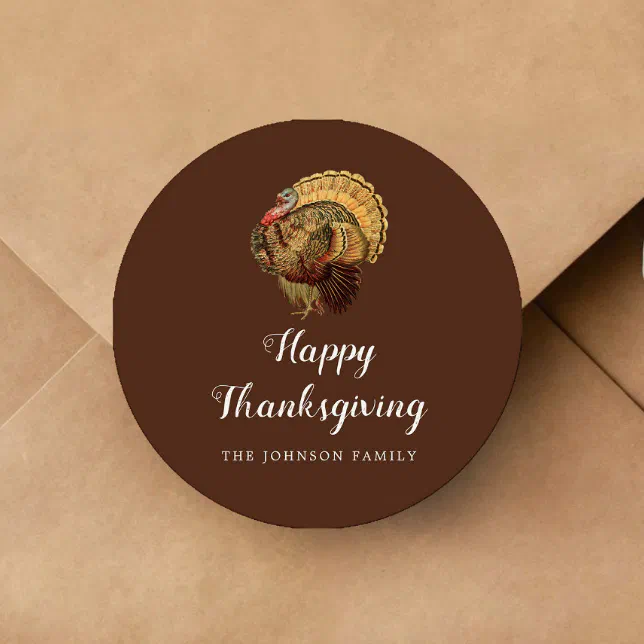 Elegant Vintage Turkey Happy Thanksgiving Classic Round Sticker | Zazzle
