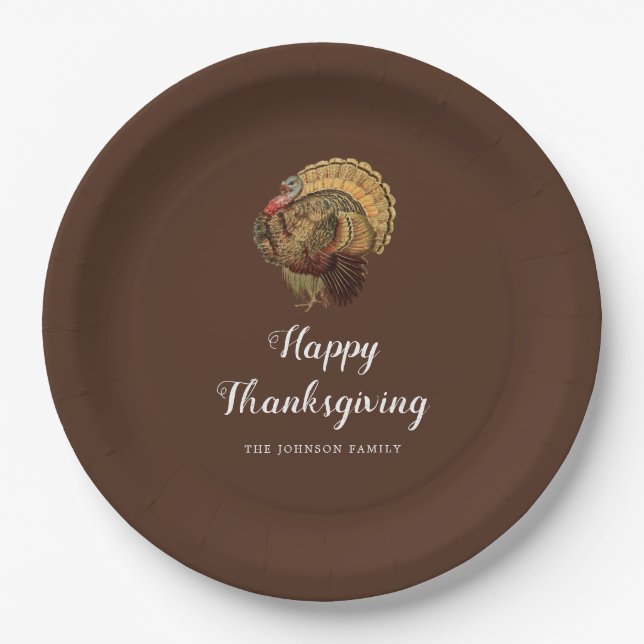 Elegant Vintage Turkey Happy Thanksgiving  Paper Plates (Front)