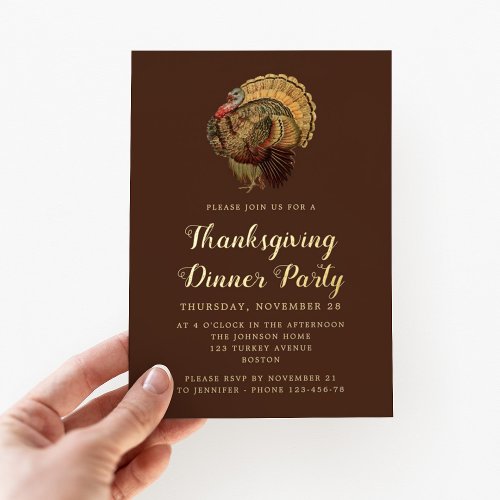 Elegant Vintage Turkey Thanksgiving Dinner Gold Foil Invitation