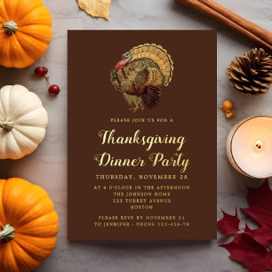 Elegant Vintage Turkey Thanksgiving Dinner Gold Foil Invitation