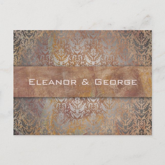 Elegant Vintage Tuscan Damask Wedding RSVP Invitation Postcard (Front)