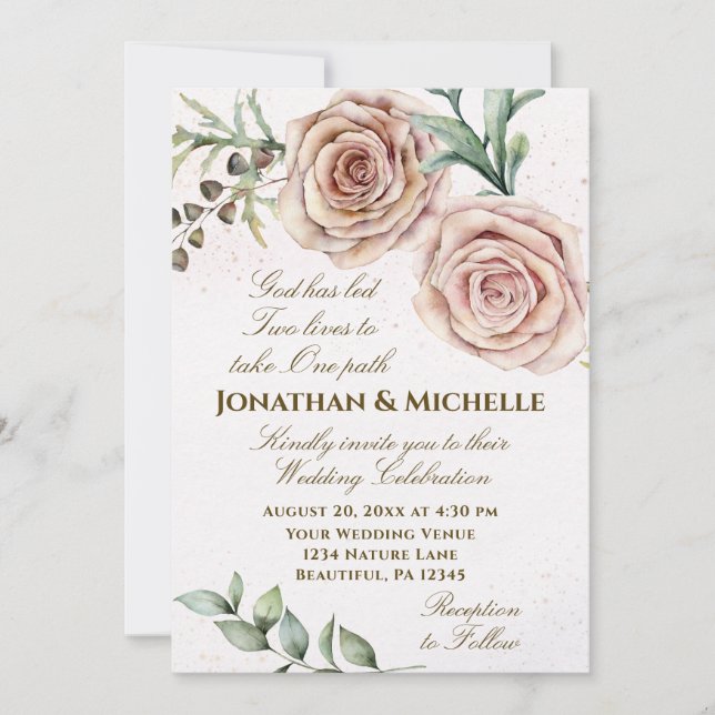 Elegant Vintage Two Pink Roses Christian Wedding Invitation (Front)