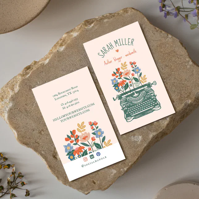 Elegant Vintage Typewriter Blooming Flower Blogger Business Card | Zazzle