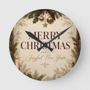 Elegant Vintage Victorian Christmas Greeting Round Clock