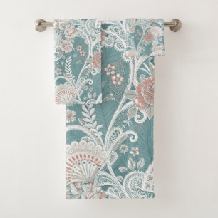 Elegant Vintage Victorian Fans Floral Lace Teal Bath Towel Set